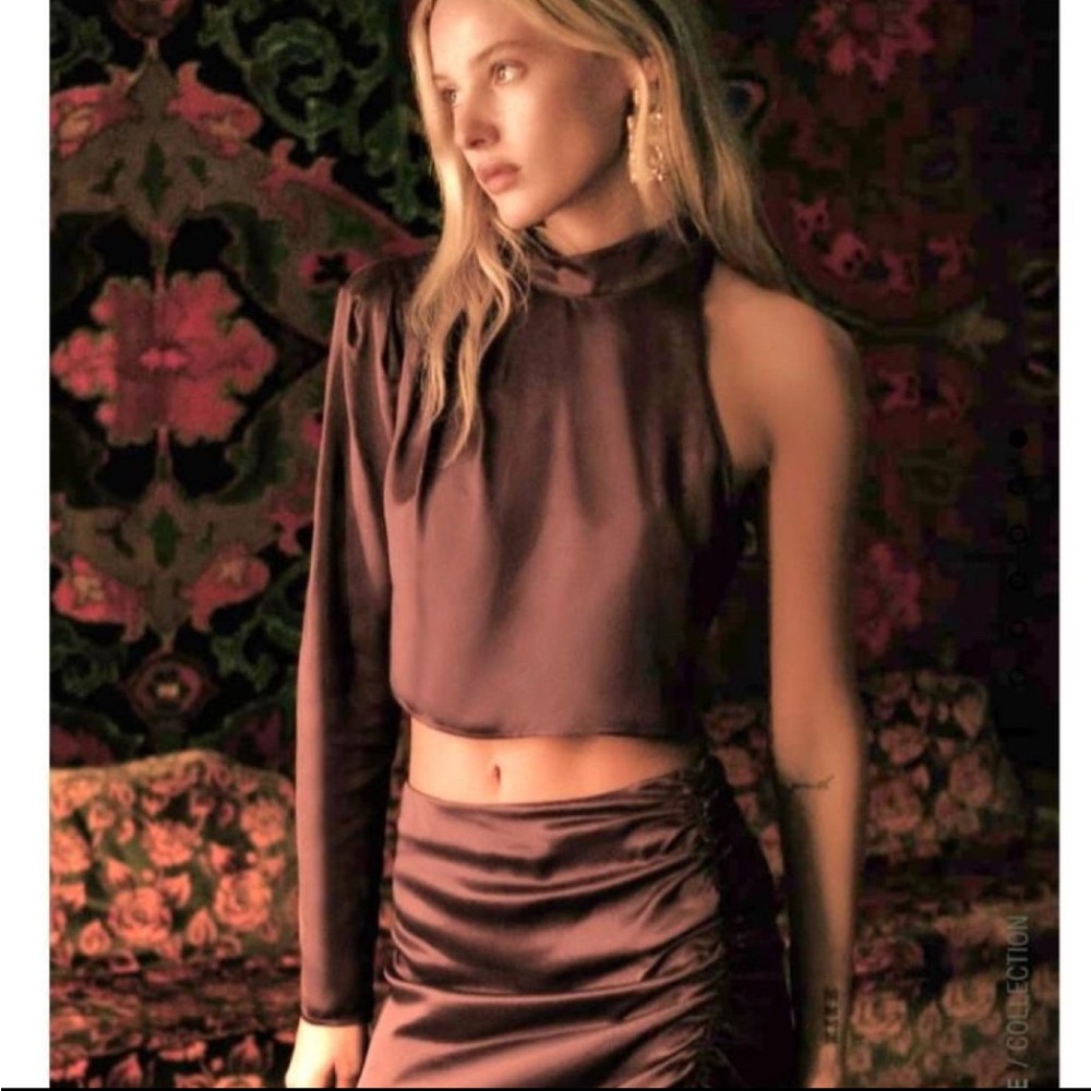 ZARA One-sleeve Cropped Satin Effect Blouse NWT